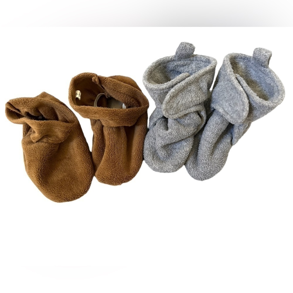 2 sets of baby footies grey and brown, soft fleece & velour, 6-12months booties